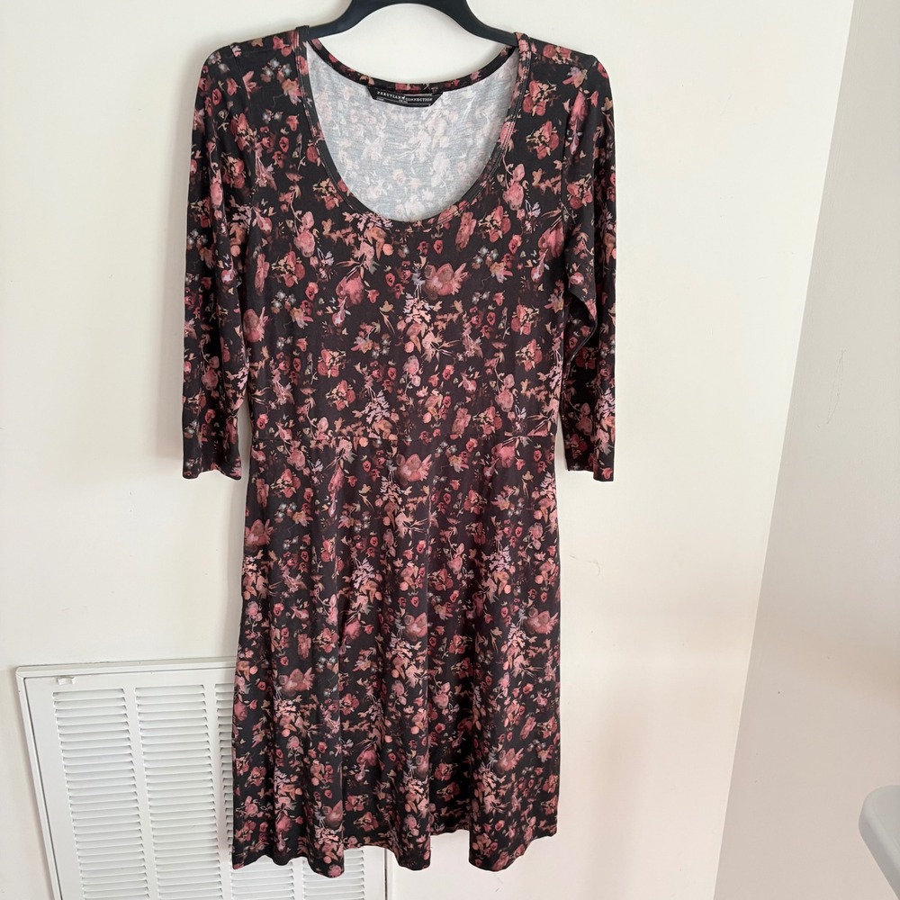Peruvian Connection Floral Fit & Flare Dress Womens Black Pink Medium 3/4 Sleeve